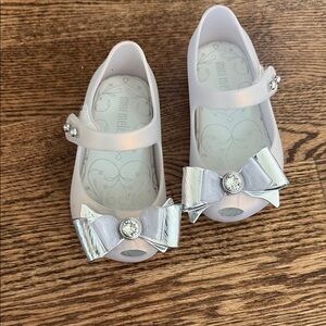 Mini Melissa White Dress Shoes with Silver Bow